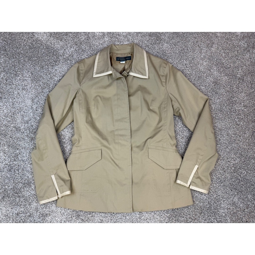 Banana Republic Tan Khaki Utility Jacket Leather Trim Cotton Blend Womens Medium